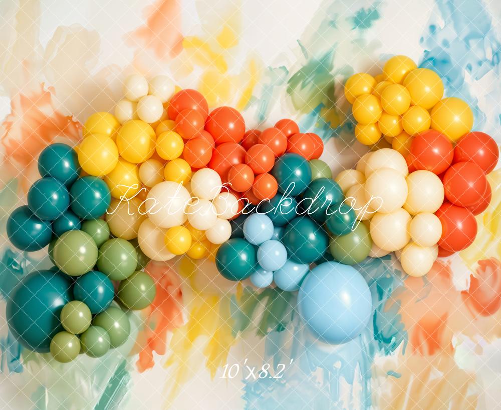Kate Cake Smash Colorful Balloon Garland Paint Printed Backdrop Designed by Emetselch