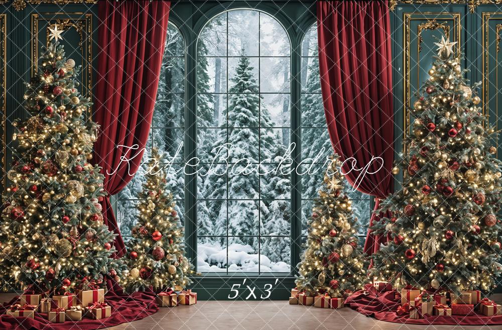 Kate Christmas Tree Red Curtains Snowy Window Gifts Backdrop Designed by Ashley Paul