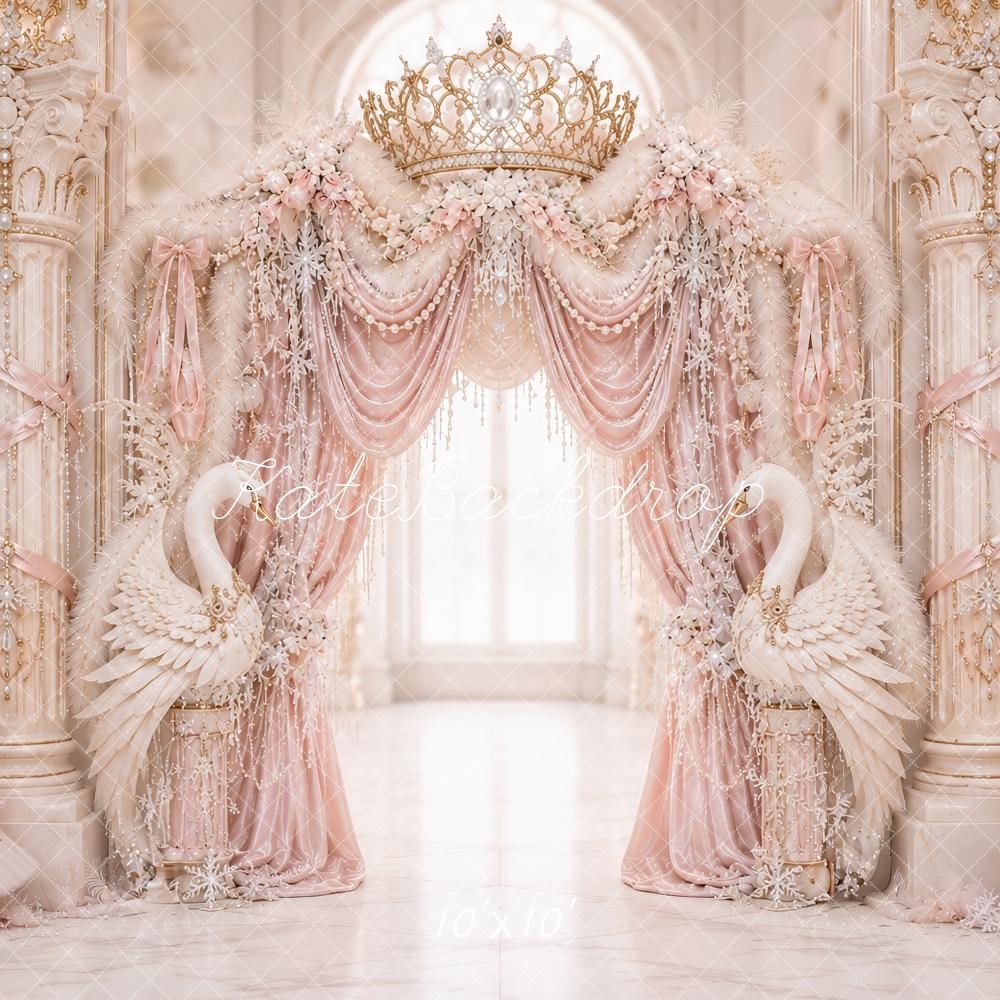 Kate Birthday Fantasy Luxury Pink Palace Swans Crown Drapes Printed Backdrop Designed by Ashley Paul
