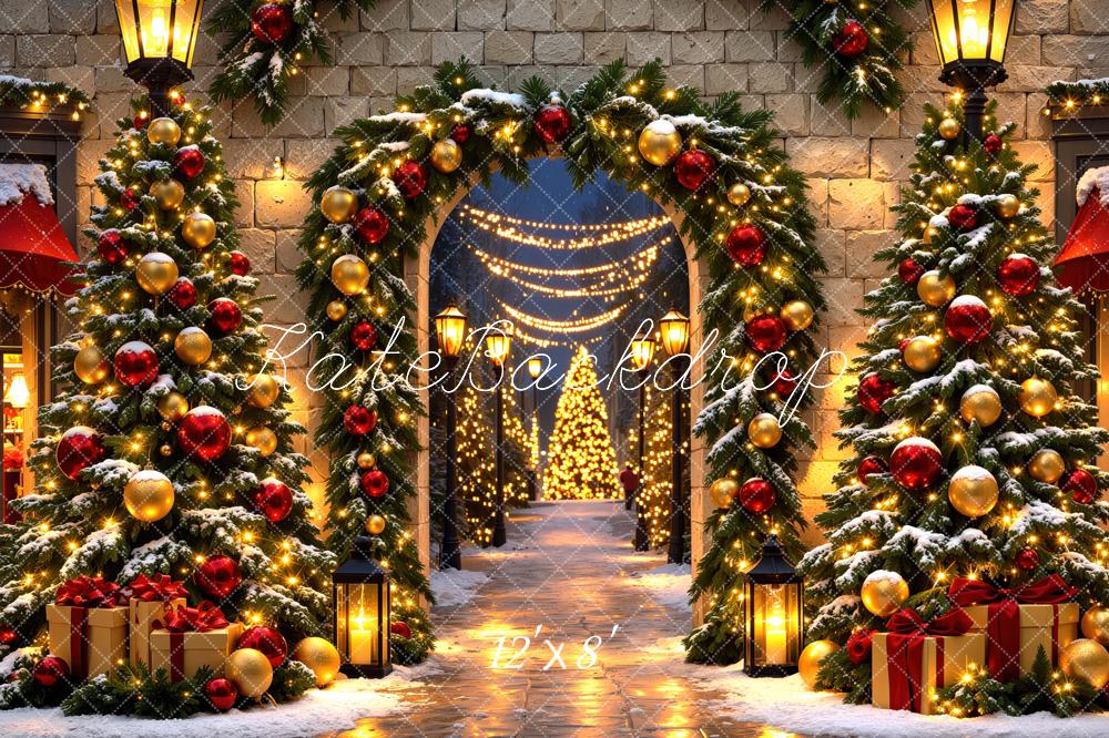 Kate Christmas Tree Archway Snow Ornaments Gifts Lights Printed Backdrop Designed by Mini MakeBelieve