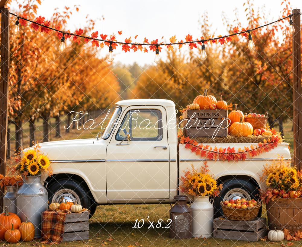 Kate Fall White Truck Pumpkins Sunflowers Maple Forest Printed Backdrop Designed by Emetselch