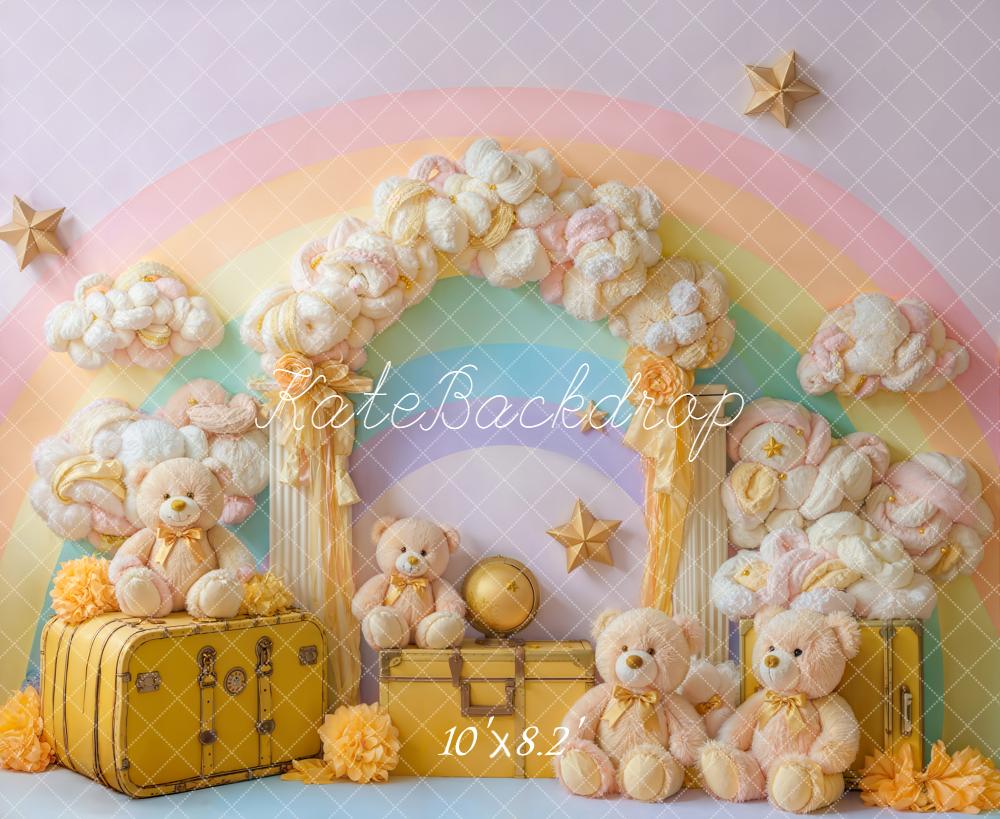 Kate Spring Rainbow Cloud Arch Teddy Bears Stars Yellow Suitcases Backdrop Designed by Emetselch