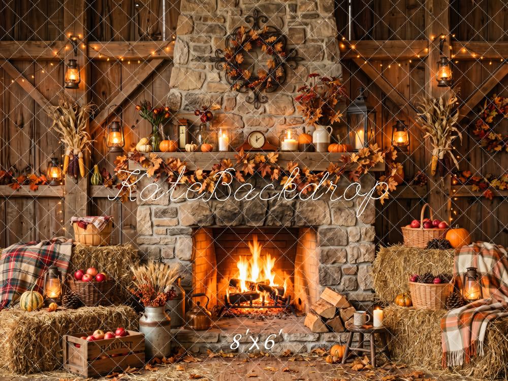 Kate Fall Rustic Stone Fireplace Harvest Wreath Printed Backdrop Designed by Patty Roberts
