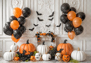 Kate Halloween Pumpkins Black Orange Balloons Bats Fireplace Printed Backdrop Designed by Emetselch