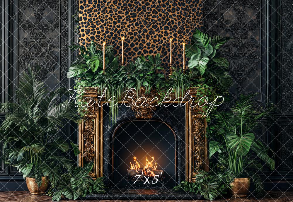 Kate Boudoir Leopard Print Ornate Fireplace Jungle Greenery Backdrop Designed by Ashley Paul