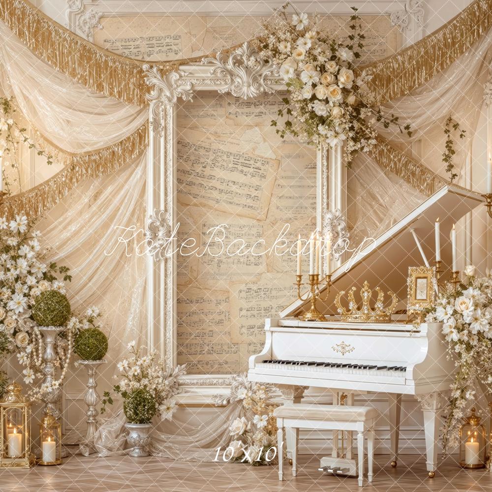 Kate Spring Ivory Grand Piano Floral Framed Printed Backdrop Designed by Mini MakeBelieve