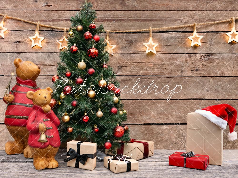 Kate Christmas Tree Bears Presents Rustic Wood Stars Printed Backdrop Designed by Fantasyphotoart
