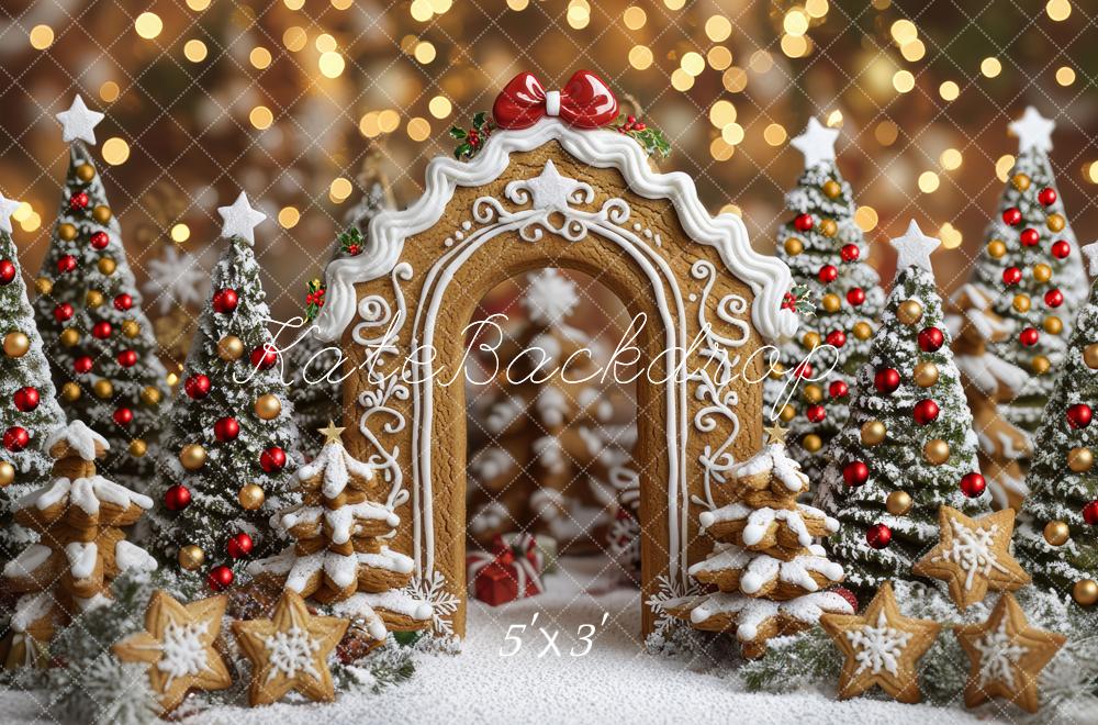 Kate Christmas Gingerbread Arch Snowy Trees Bokeh Backdrop Designed by Mini MakeBelieve
