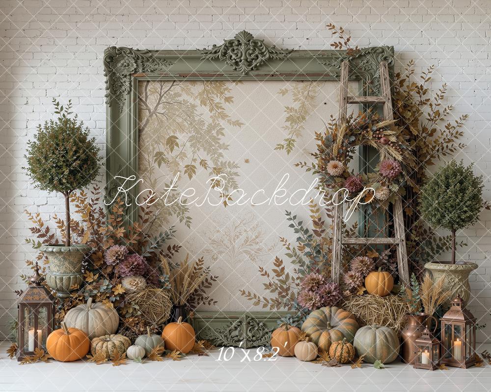 Kate Fall Pumpkin Lantern Wreath Ladder Vintage Frame The Forgotten Copiary Printed Backdrop Designed by Ashley Ward
