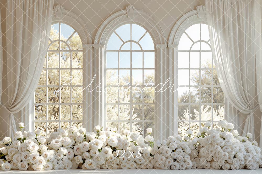 Kate Spring White Roses Floral Arch Large Windows Printed Backdrop Designed by Mini MakeBelieve
