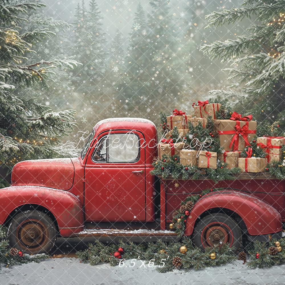 Kate Christmas Red Truck Gifts Pine Trees Snowy Backdrop Designed by Emetselch