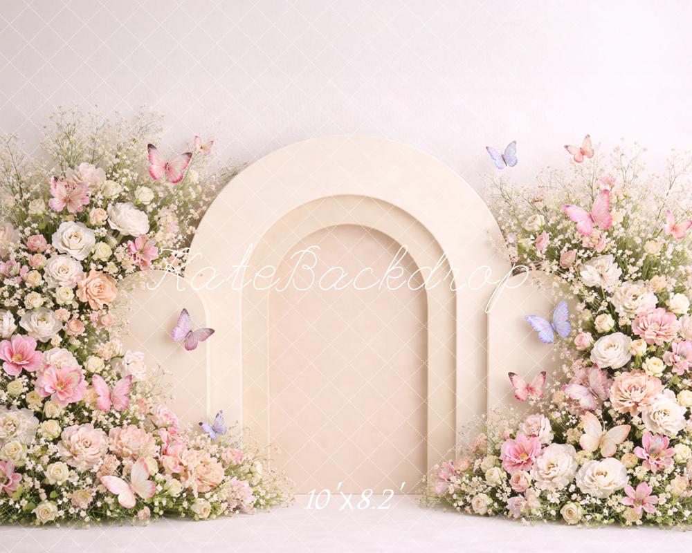 Kate Flower Arch Cream Arch Pastel Butterflies Printed Backdrop Designed by Caitlin Lynch