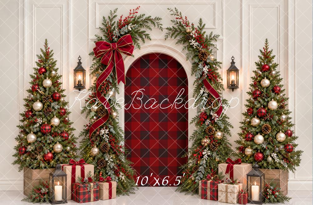 Kate Christmas Trees Arch Plaid Red Ribbon Garland Gifts Printed Backdrop Designed by Emetselch