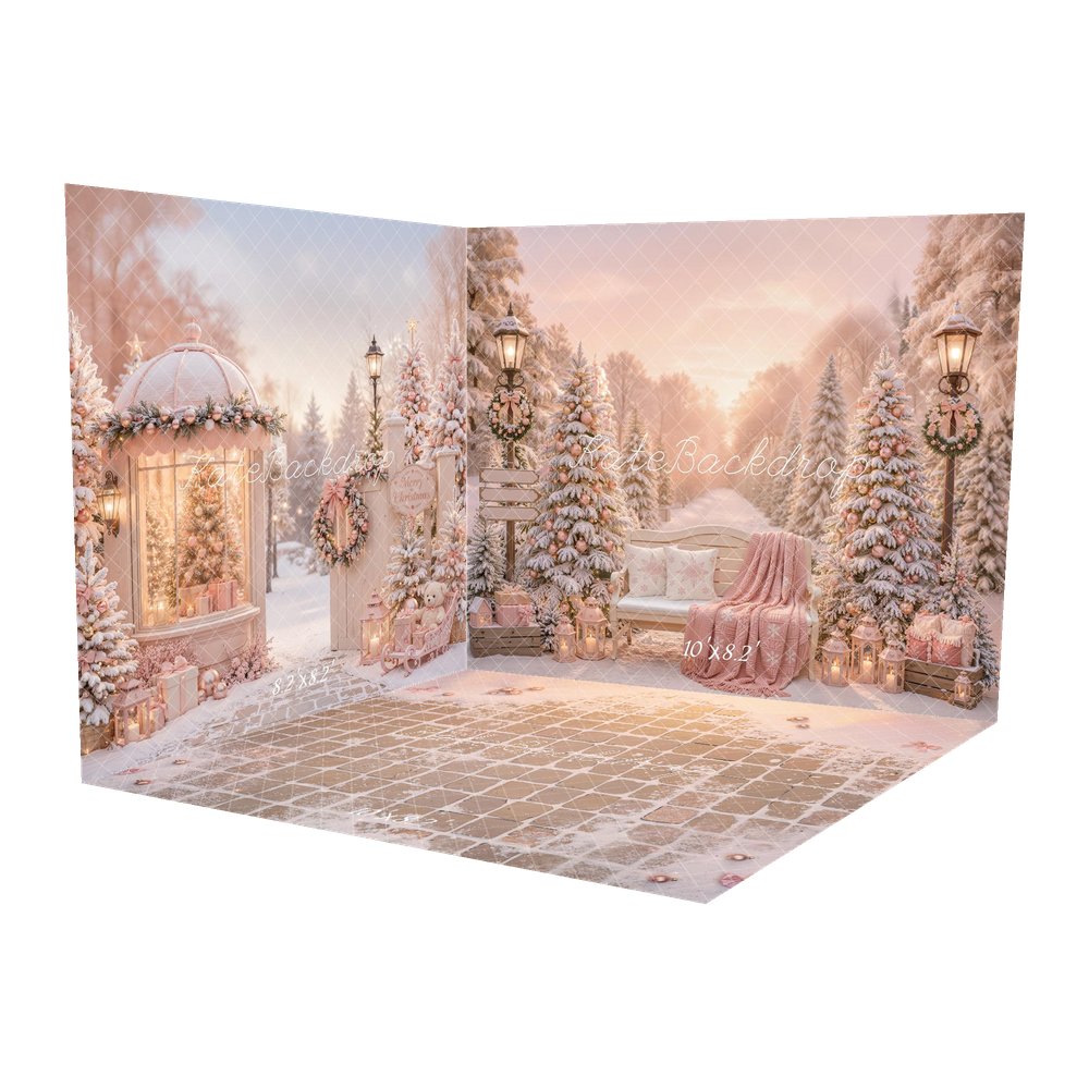Kate Christmas Snowy Trees Bench Pink Gifts Outdoor Printed Backdrop Room Set