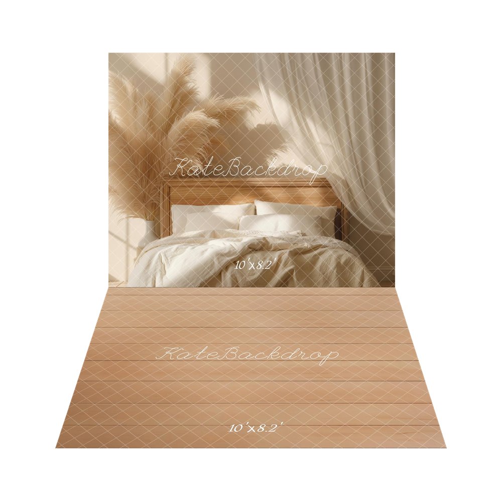 Kate Boho Headboard Pampas Grass Curtain Neutral Backdrop+Light Wood Plank Wall Backdrop