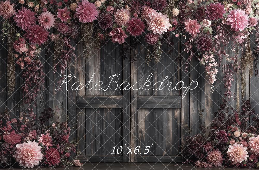Kate Vintage Pink Flower Arch Dark Wood Doors Portrait Printed Backdrop Designed by Angela Miller