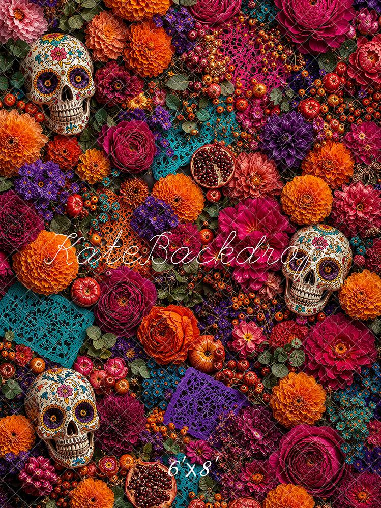 Kate Day of the Dead Sugar Skull Floral Marigold Printed Backdrop Designed by Ashley Ward