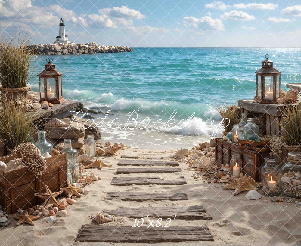 Kate Beach Lighthouse Lantern Coastal Pathway Printed Backdrop Designed by Mini MakeBelieve