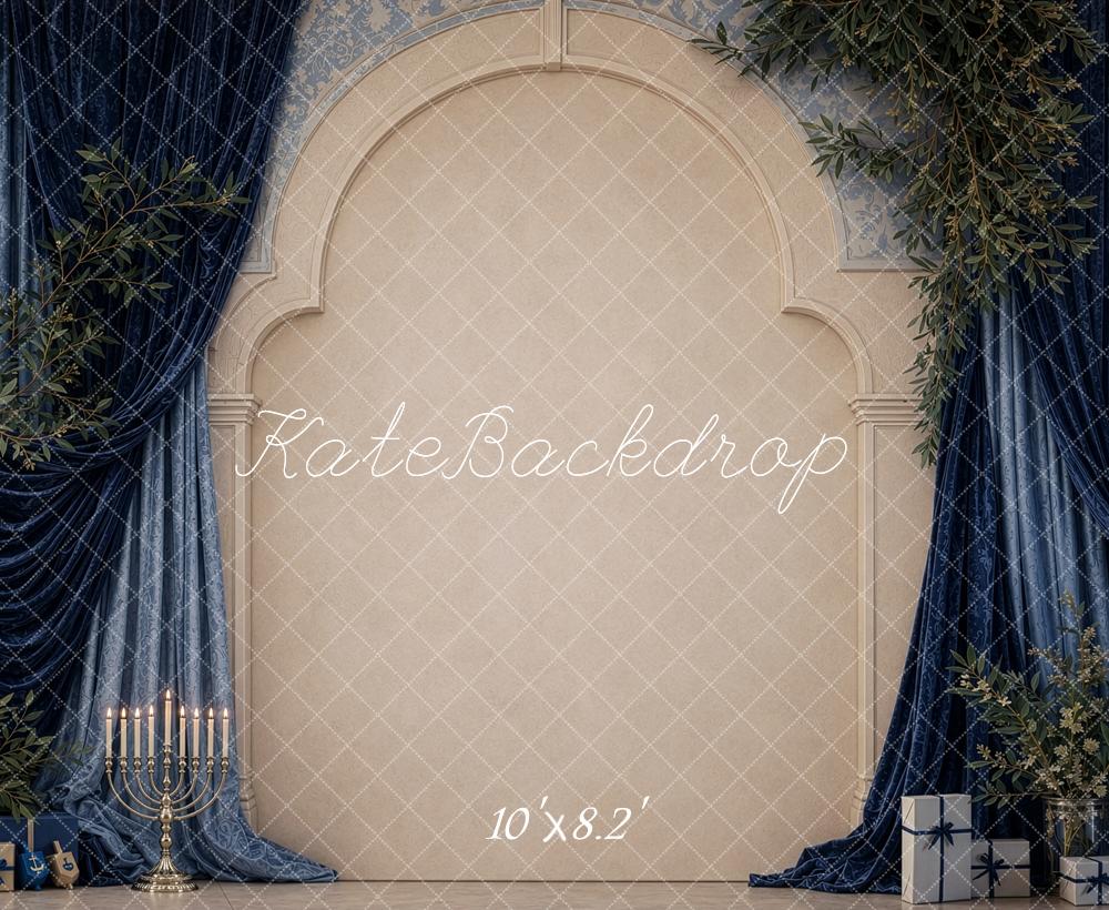 Kate Hanukkah Navy Drapes Arch Greenery Printed Backdrop Designed by Shutter Swan Studios