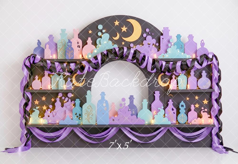 Kate Halloween Kids Layered Paper Potions Bottles Moon Stars Shelf Printed Backdrop Designed by Angela Miller