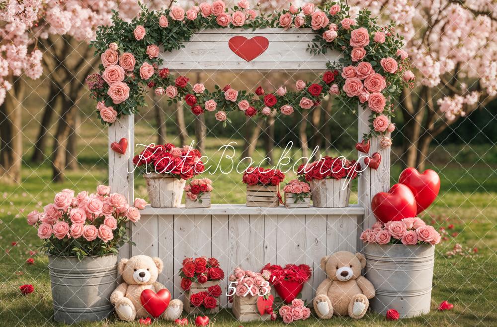 Kate Valentine's Day Flower Arch Pink Roses Heart Balloons Teddy Bears Backdrop Designed by Emetselch