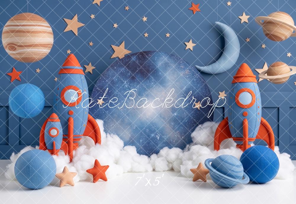Kate Birthday Boys Space Rockets Planets Moon Printed Backdrop Designed by Angela Miller