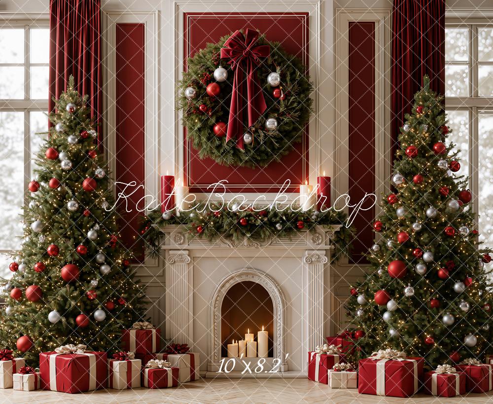 Kate Christmas Trees Vintage Red Bow Fireplace Wreath Gifts Printed Backdrop Designed by Emetselch