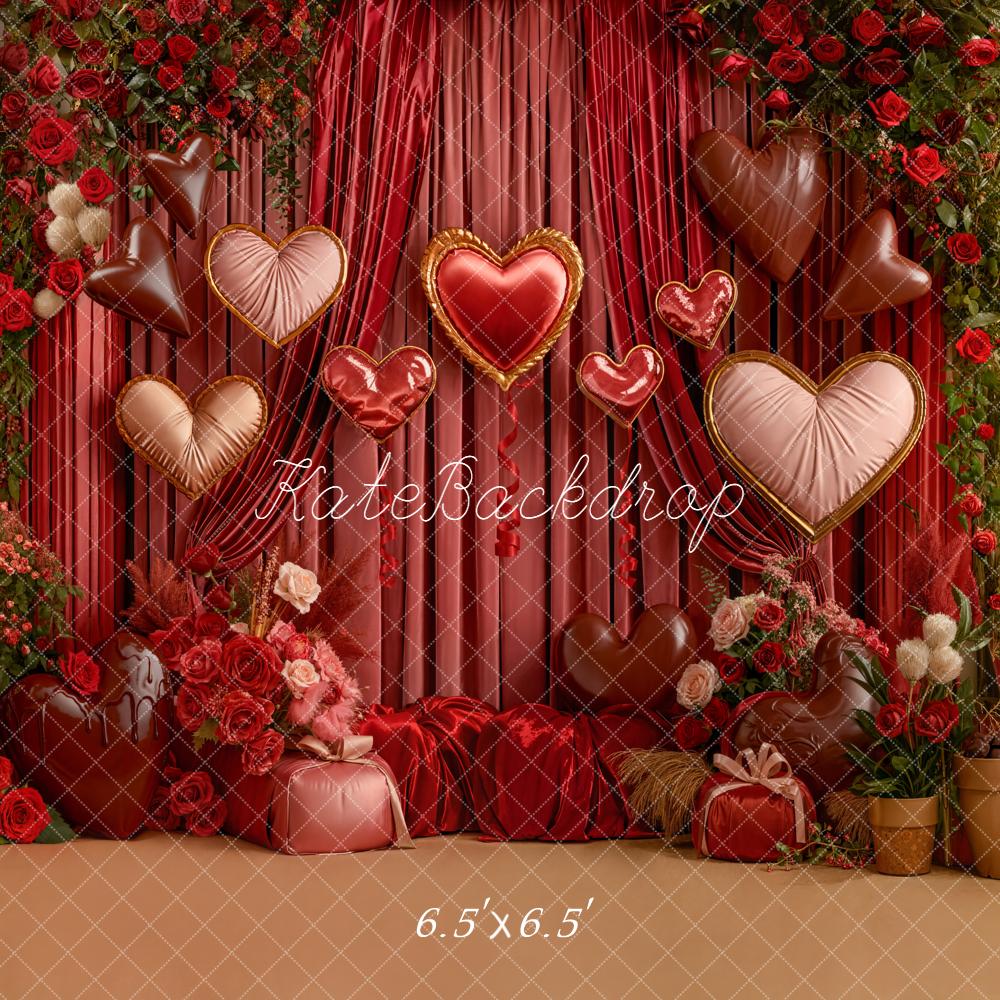 Kate Valentine's Day Heart Balloons Red Roses Curtains Backdrop Designed by Emetselch