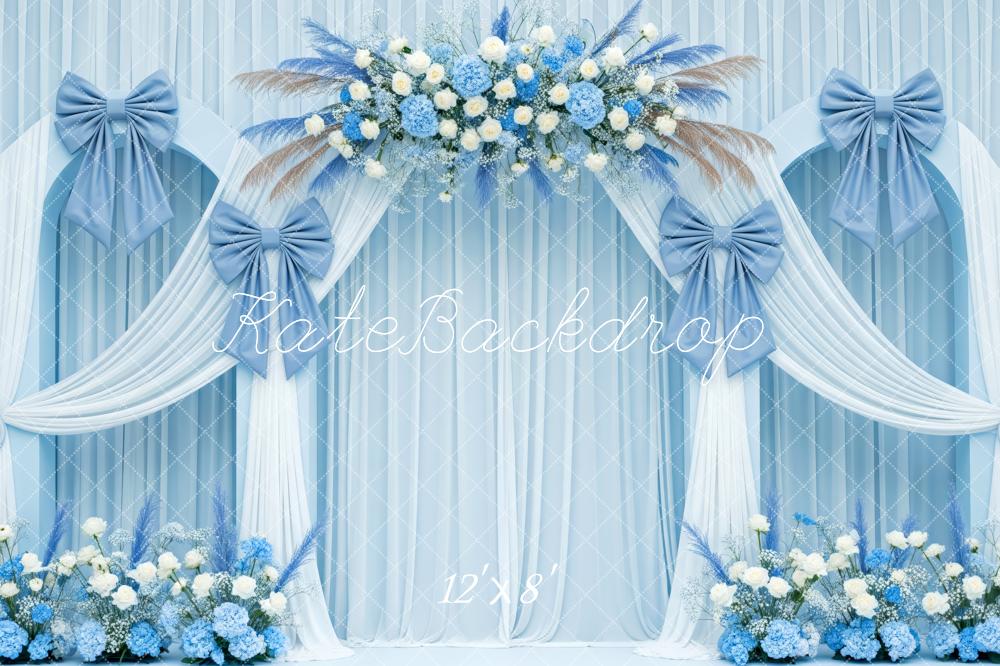 Kate Blue Flower Arch White Drapes Bows Backdrop Designed by Patty Roberts