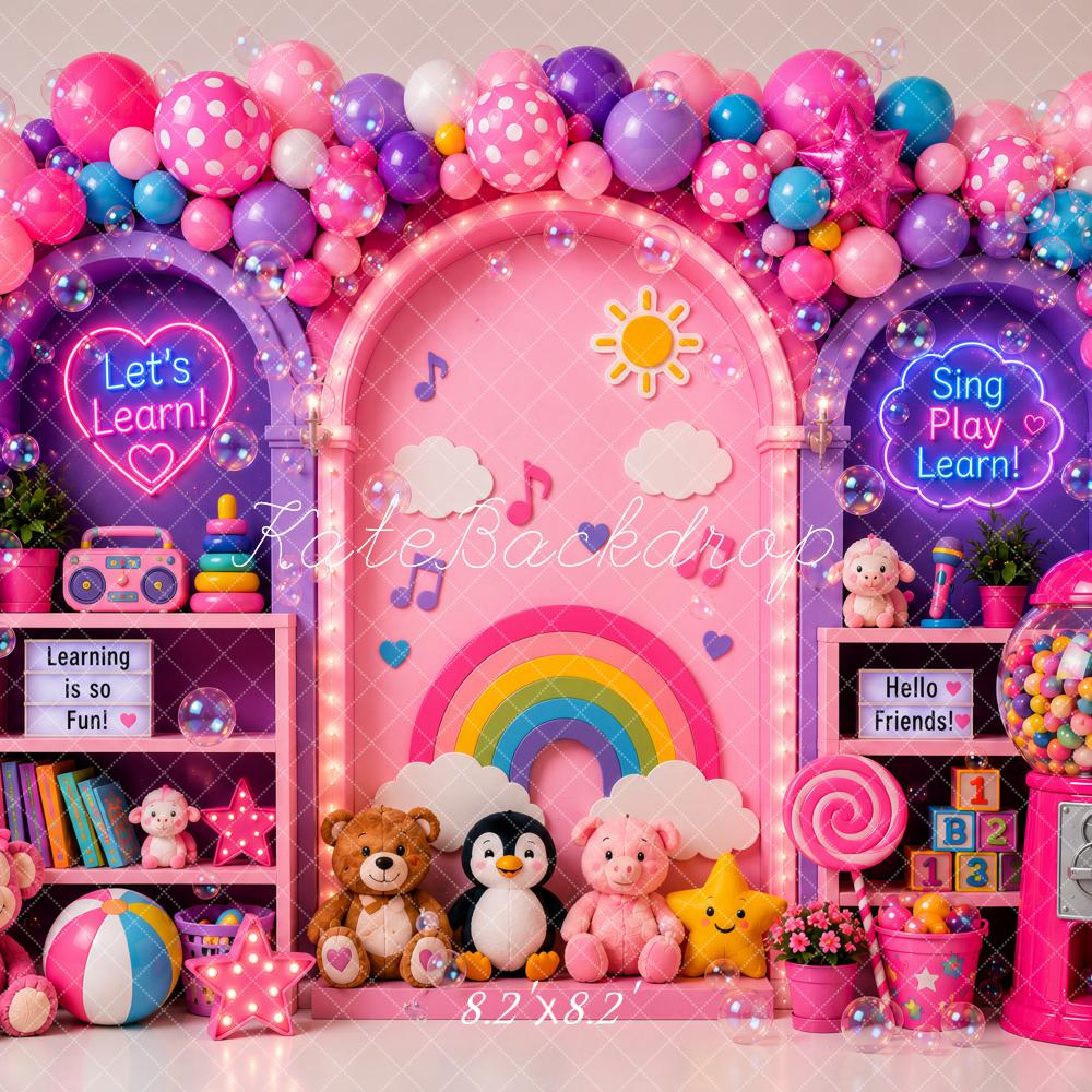 Kate Cake Smash Pink Learning Playroom Balloon Arch Rainbow Printed Backdrop Designed by Ashley Paul