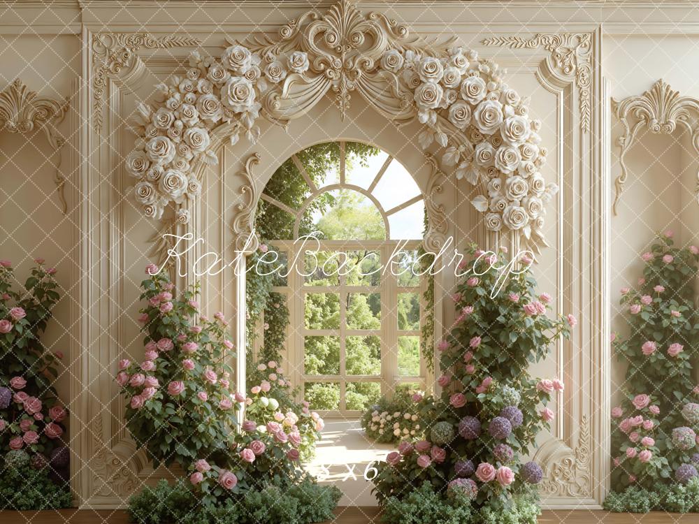 Kate Flower Arch Ornate Cream Wall Window Garden Backdrop Designed by Mini MakeBelieve