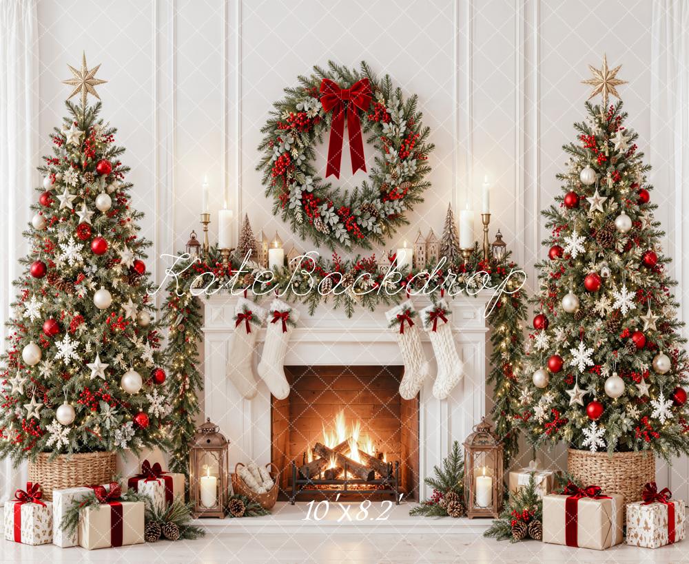 Kate Christmas Fireplace Trees Wreath Stockings White Printed Backdrop Designed by Emetselch