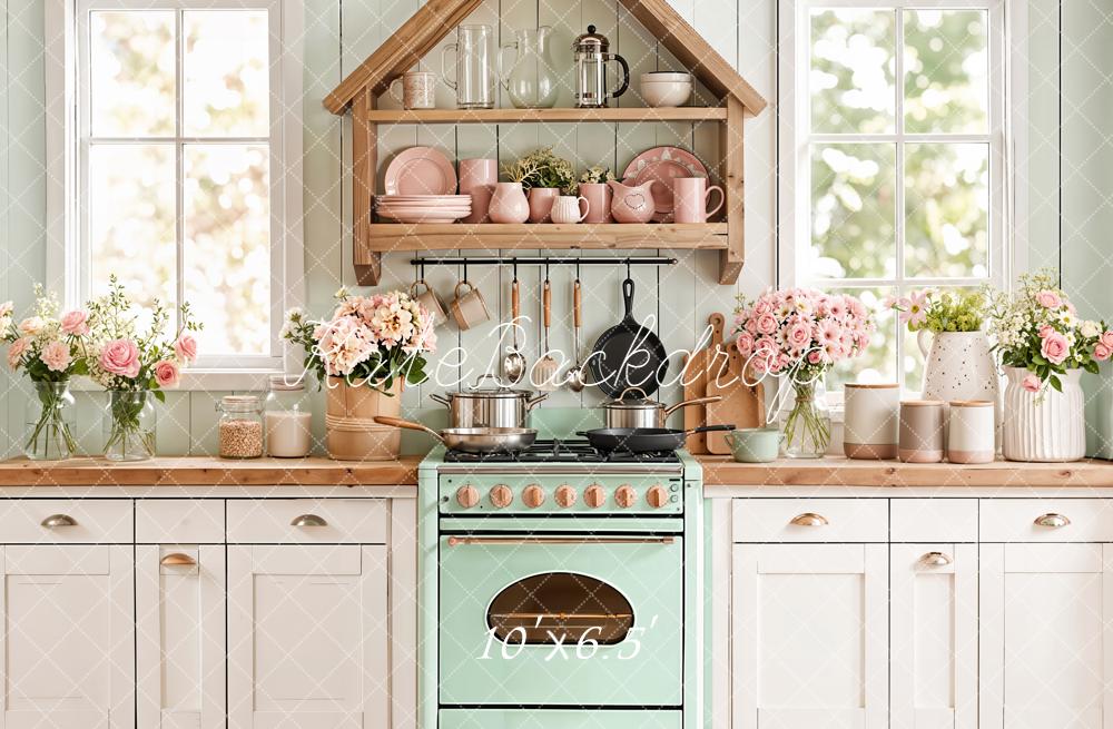 Kate Pastel Kitchen Floral Shelf Mint Stove Backdrop Designed by Emetselch