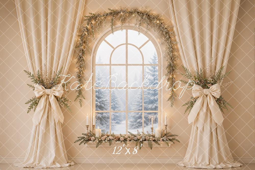 Kate Christmas Beige Drapes Flower Arch Window Printed Backdrop Designed by Emetselch