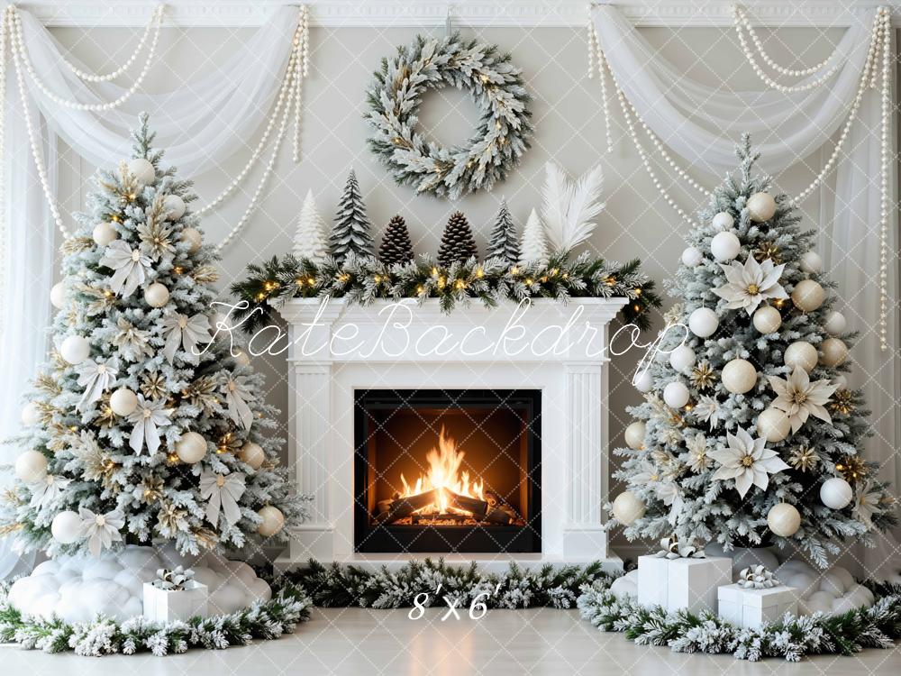 Kate Christmas White Poinsettia Fireplace Wreath Tree Pearl Backdrop Designed by Mini MakeBelieve