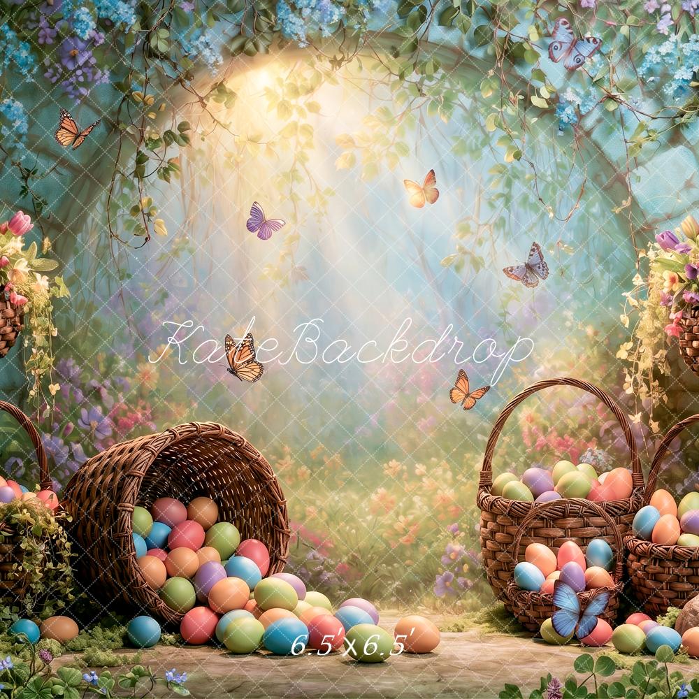 Kate Easter Fairy Forest Egg Basket Butterfly Floral Arch Printed Backdrop Designed by Angela Miller