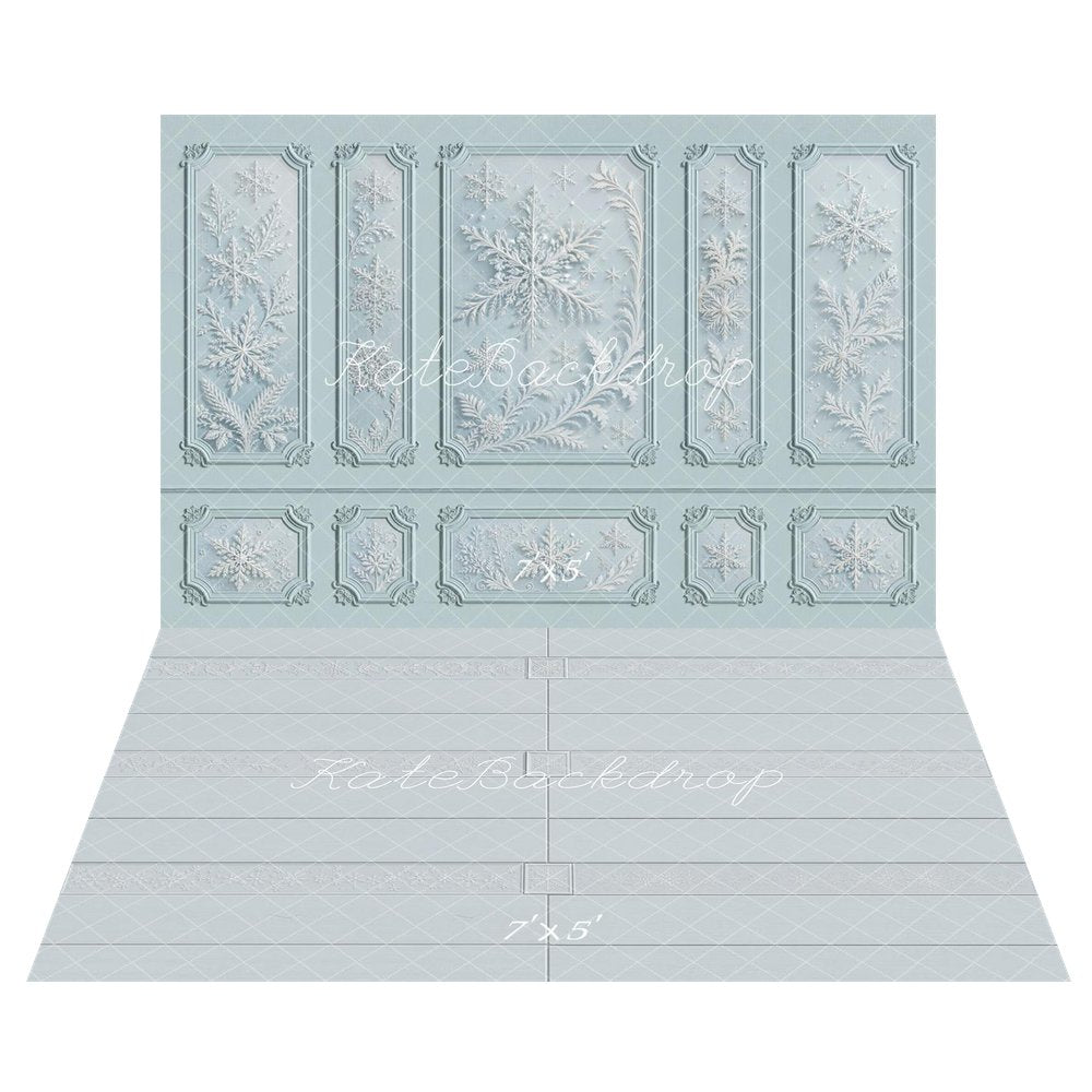 Kate Winter Blue Ornate Snowflake Vintage Wall Printed Backdrop+Light Blue Ornate Panel Floor Printed Backdrop