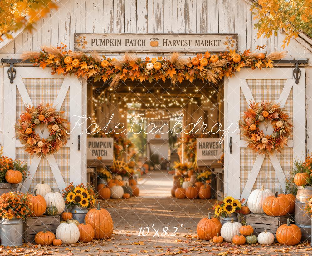 Kate Fall White Barn Pumpkin Harvest Wreath Printed Backdrop Designed by Emetselch