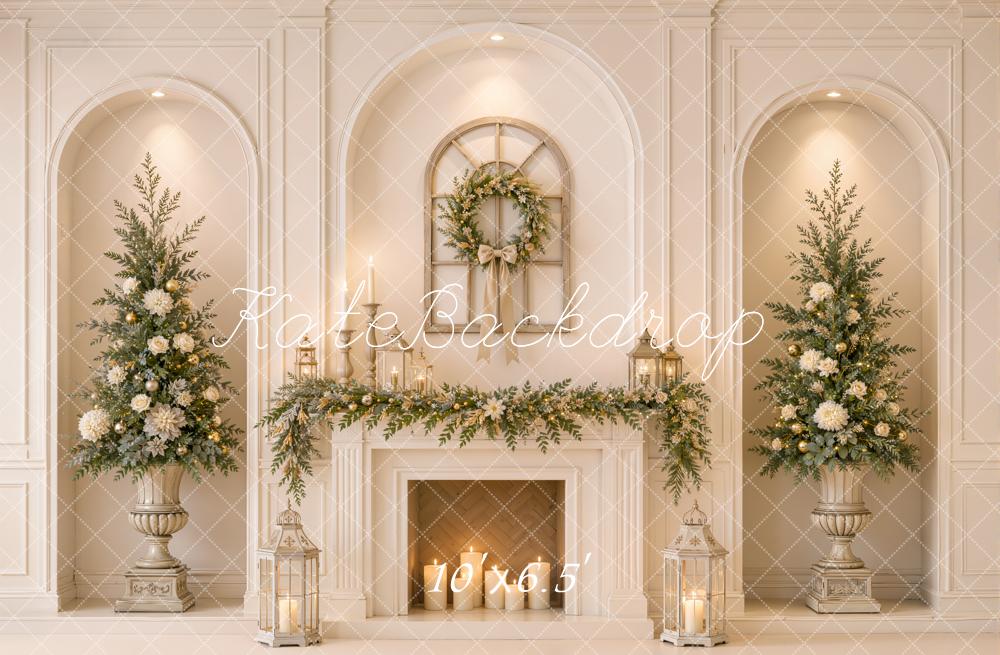 Kate Christmas Fireplace Elegant Trees Wreath Garland Printed Backdrop Designed by Emetselch
