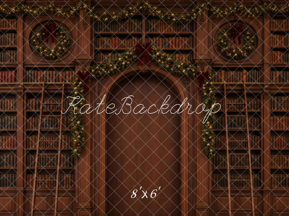 Kate Christmas Library Bookshelves Garland Printed Backdrop Designed by Vertigo Productions