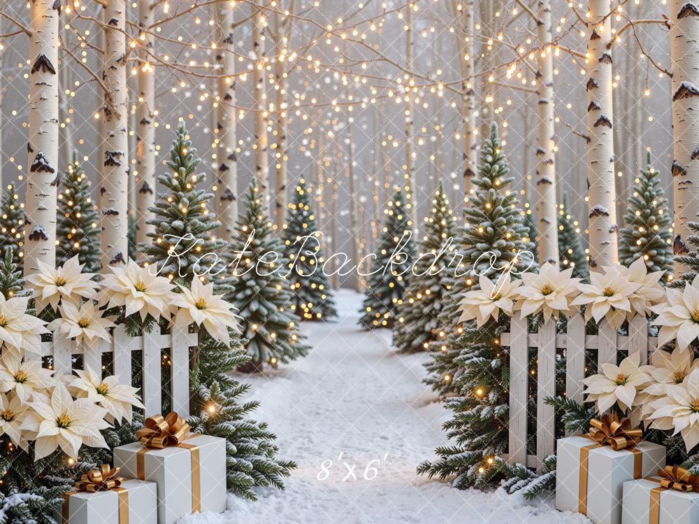 Kate Christmas Birch Forest Poinsettia Snow Presents Lights Printed Backdrop Designed by Mini MakeBelieve