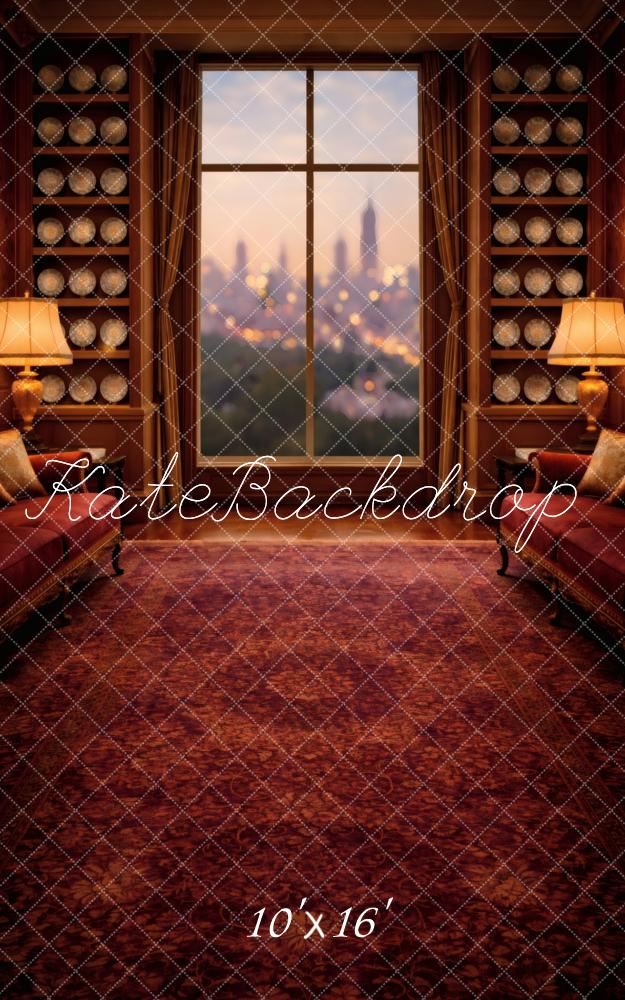 Kate Sweep City View Window Bookcases Lamps Red Sofa Printed Backdrop Designed by Vertigo Productions