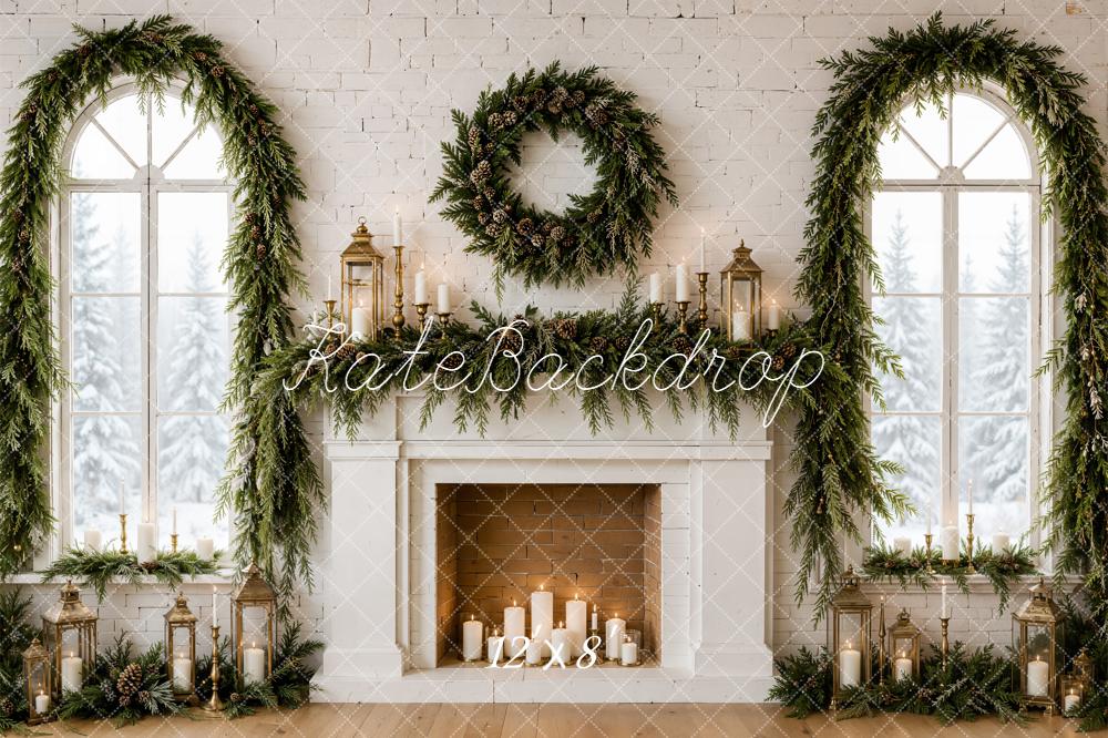 Kate Christmas Evergreen Garland Wreath White Fireplace Printed Backdrop Designed by Emetselch
