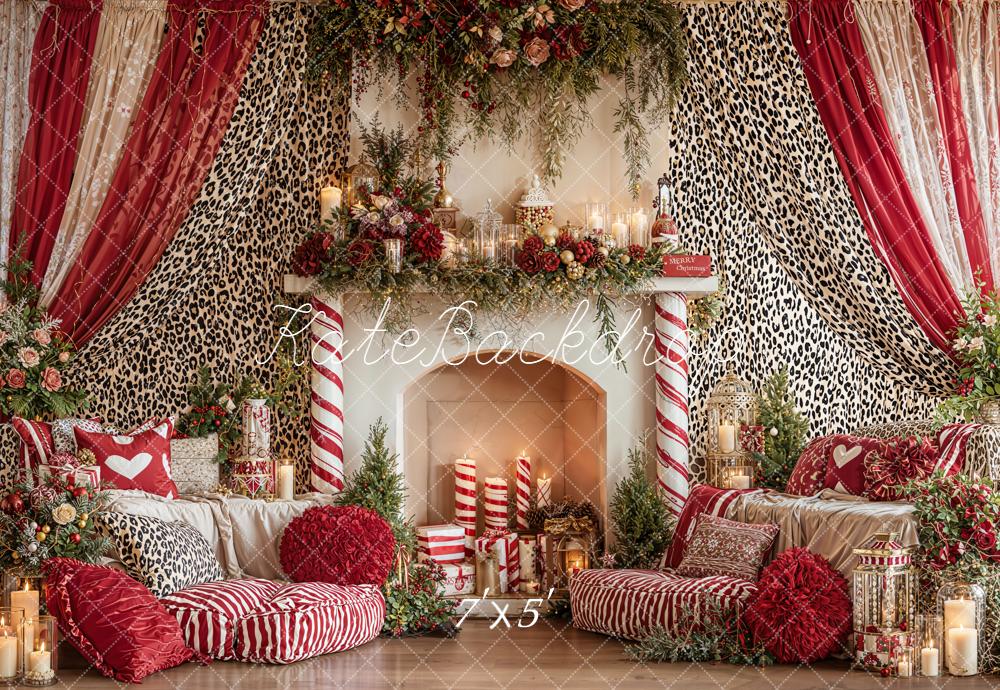 Kate Valentines Leopard Curtains Fireplace Red Pillows Sofa Backdrop Designed by Emetselch
