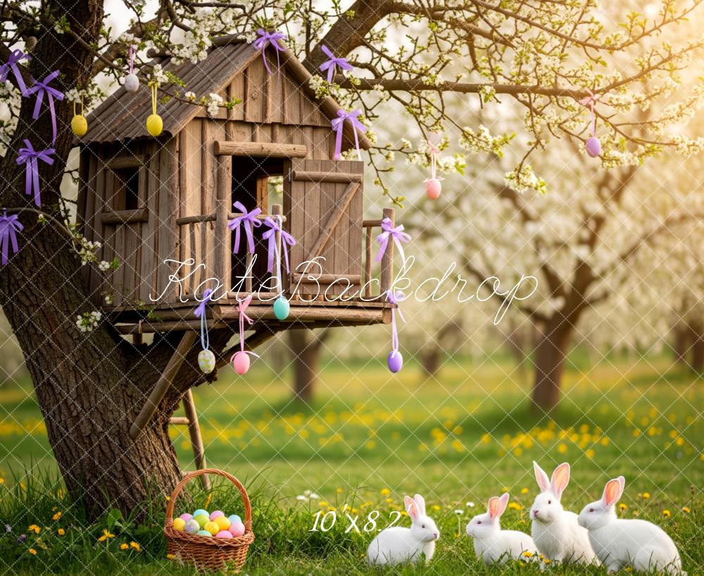 Kate Easter Bunny Treehouse Pastel Eggs Meadow Printed Backdrop Designed by Patty Roberts