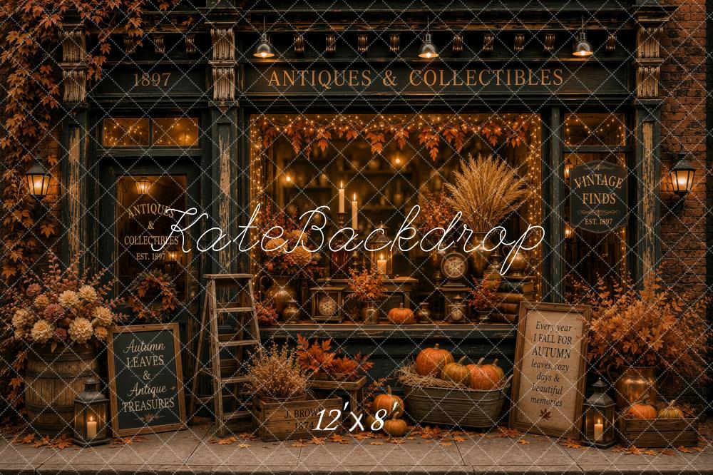 Kate Fall Antique Store Pumpkins Maple Leaves Lanterns Printed Backdrop Designed by Ashley Ward