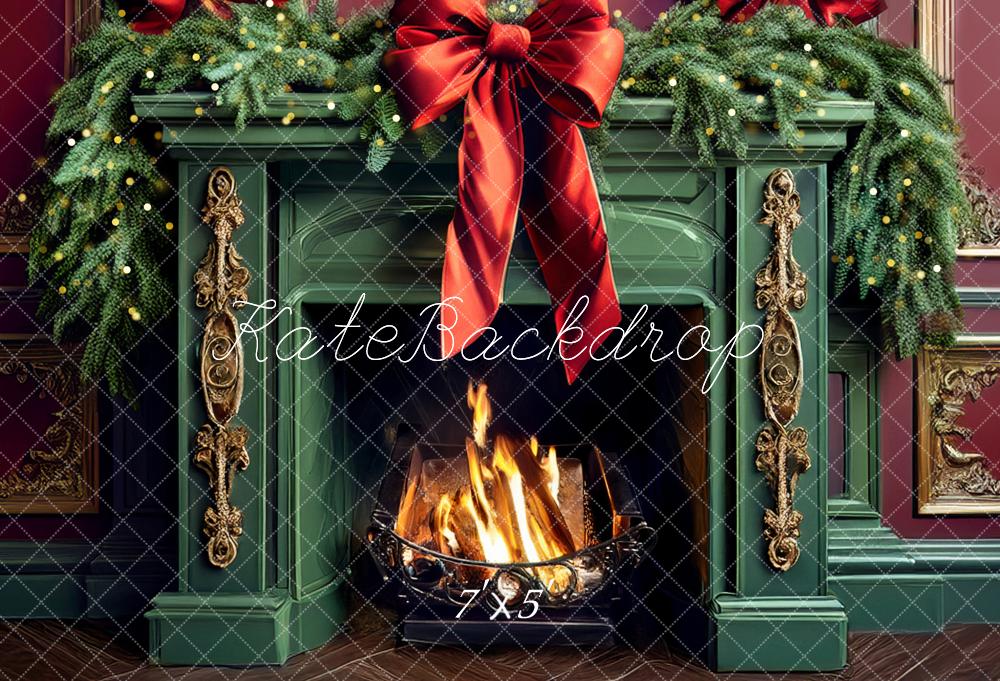 Kate Christmas Retro Green Fireplace Garland Red Bow Backdrop Designed by Mandy Ringe Photography