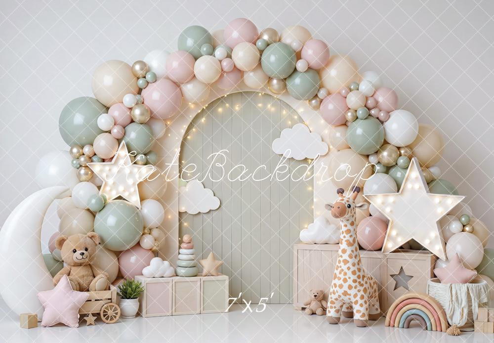 Kate Cake Smash Pastel Balloon Arch Stars Clouds Teddy Bear Giraffe Printed Backdrop Designed by Mini MakeBelieve