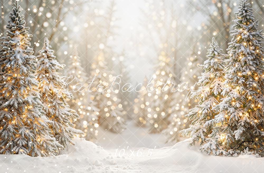 Kate Christmas Winter Snowy Pine Trees Bokeh Lights Backdrop Designed by Emetselch