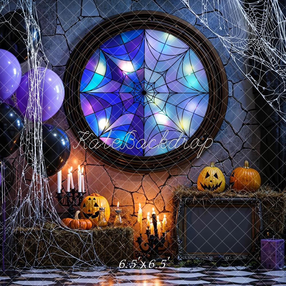 Kate Halloween Stained Glass Spider Web Window Pumpkins Balloons Backdrop Designed by Emetselch
